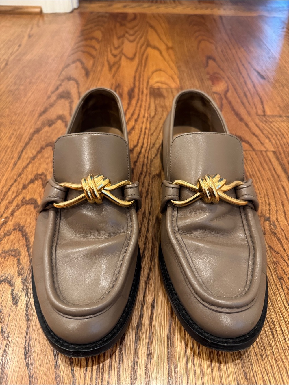 Bottega Veneta Taupe Leather Loafers with Gold Knot Hardware